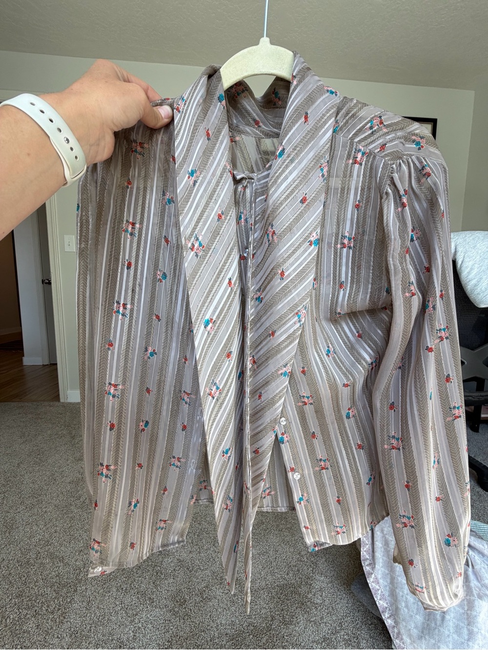 Women’s Sheer Taupe Striped Tie-Neck Shirt with Floral Accents